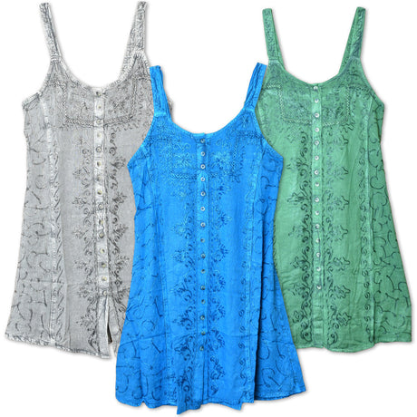 ThreadHeads Embroidered Acid Wash Strap Dresses in Assorted Colors, Front View