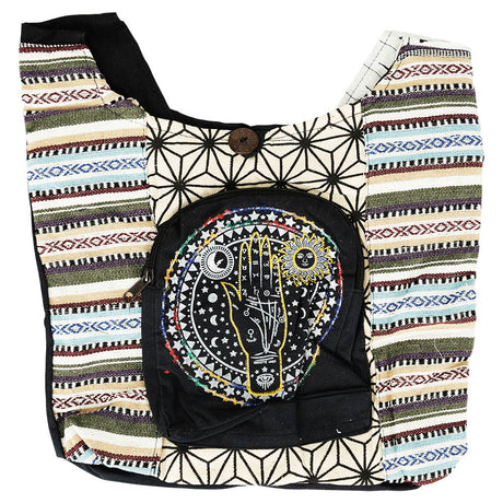 ThreadHeads Geometric Astrology Hand Sling Bag with multicolor design and closable pocket, 15" x 15" front view