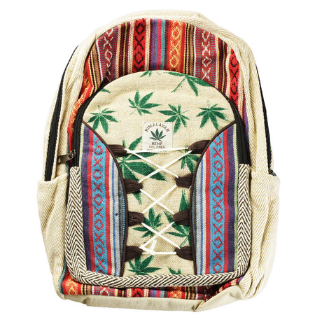 ThreadHeads Green Leaf Print Hemp Backpack, Multicolor with Closable Pockets, Front View