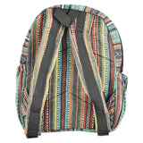 ThreadHeads Hemp Green Striped Backpack with colorful patterns, front view on white background