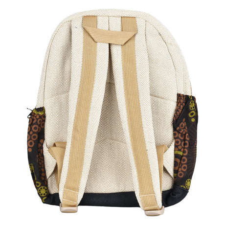 ThreadHeads Hemp Patchwork Backpack rear view showcasing adjustable straps and fun design