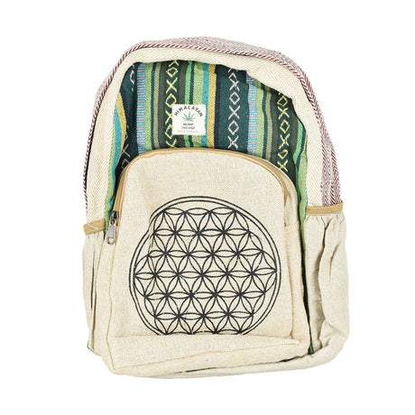ThreadHeads Himalayan Flower of Life Large Hemp Backpack in Green and Tan with Front View