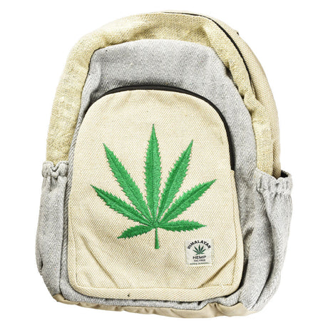 ThreadHeads Himalayan Hemp Backpack with green leaf design, tan and gray, front view
