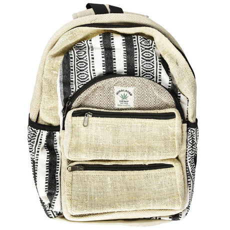 ThreadHeads Himalayan Hemp Backpack in black & white, front view on white background, with multiple pockets