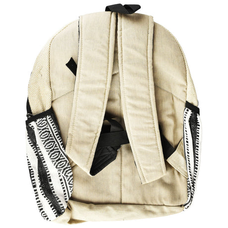 ThreadHeads Himalayan Hemp Backpack in black & white, front view, with adjustable straps