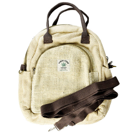 ThreadHeads Himalayan Hemp Mini Backpack in tan with front view on white background