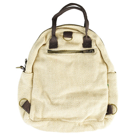 ThreadHeads Himalayan Hemp Convertible Mini Backpack in tan with herringbone design, front view on white background