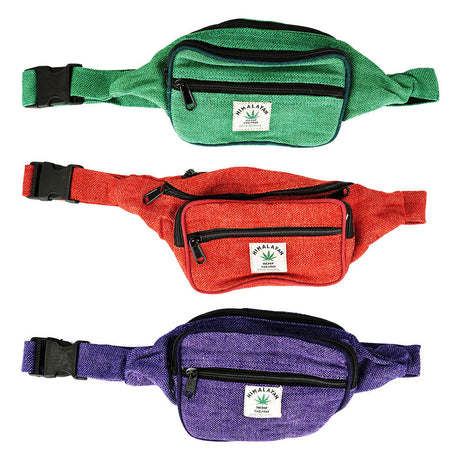 ThreadHeads Himalayan Hemp Fanny Packs in green, red, and purple, front view on white background