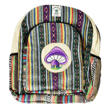 ThreadHeads Himalayan Hemp Backpack with Funky Mushroom Design, Mixed Colors, Front View