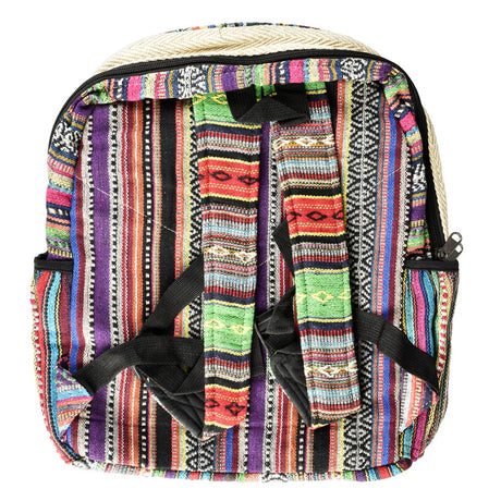 ThreadHeads Himalayan Hemp Backpack with colorful funky mushroom design, front view