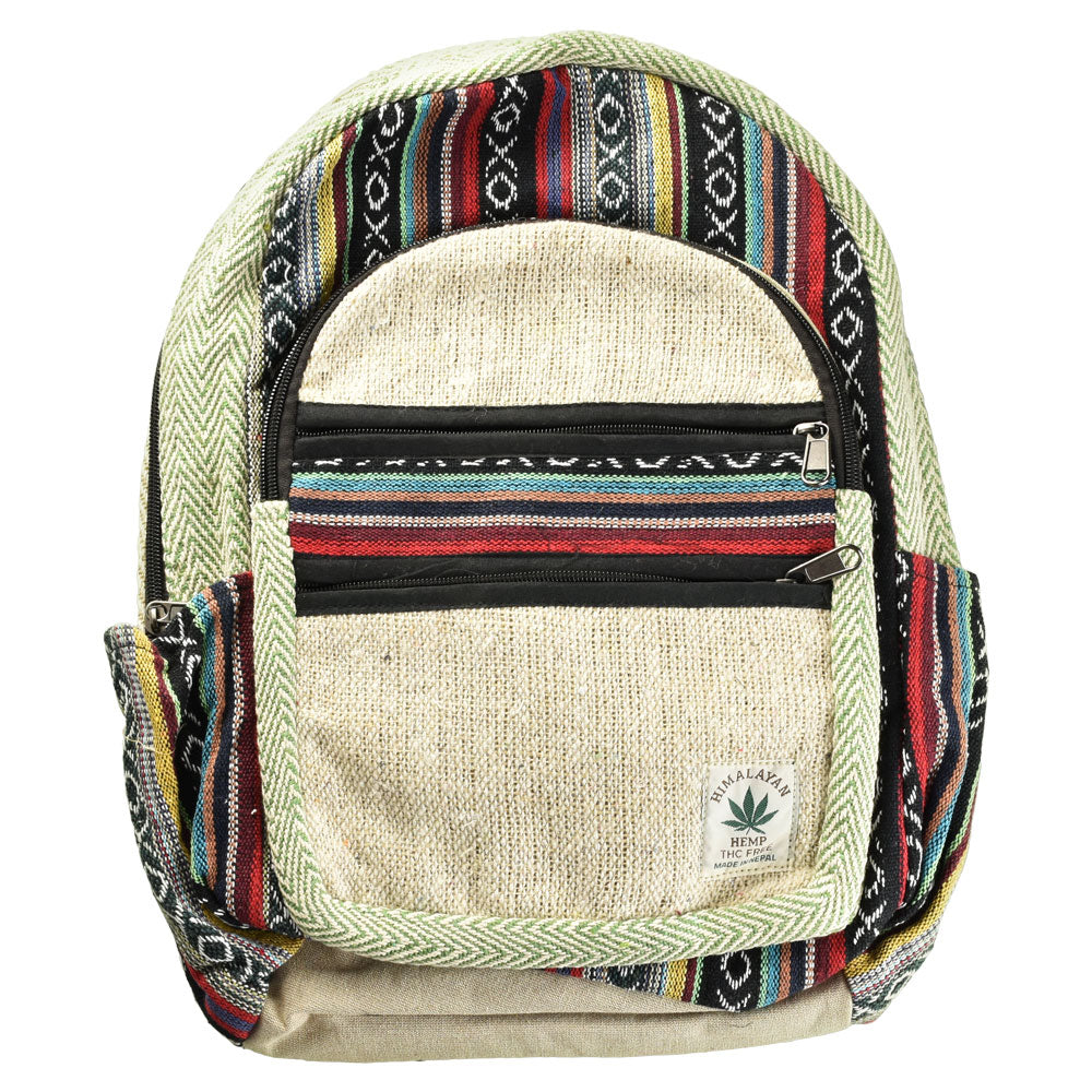 ThreadHeads Himalayan Hemp Backpack with multiple zippers and mixed color patterns, front view