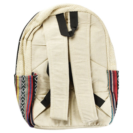 ThreadHeads Himalayan Hemp Backpack with multi-zipper, tan with mixed colors, rear view
