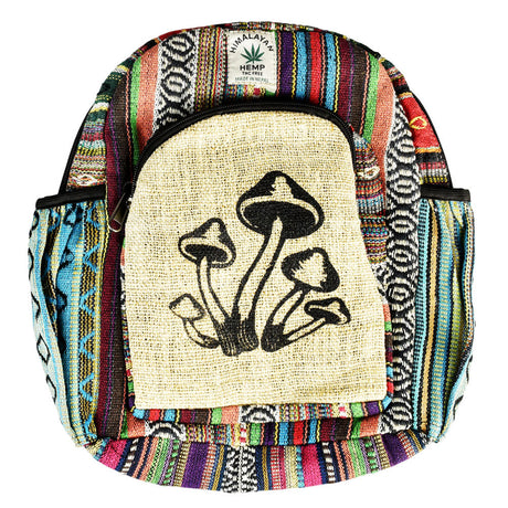 ThreadHeads Himalayan Hemp Mini Backpack with colorful mushroom design, front view on white