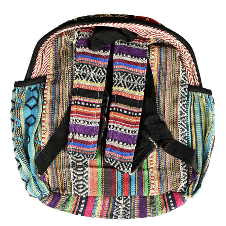 ThreadHeads Himalayan Hemp Mini Backpack with colorful mushroom design, front view on white background