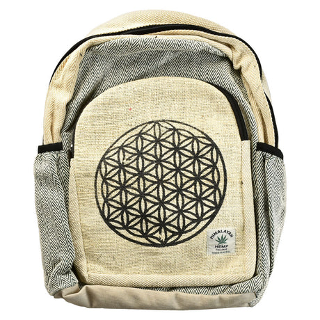 ThreadHeads Himalayan Hemp Backpack featuring Sacred Geometry design, tan with black accents, front view