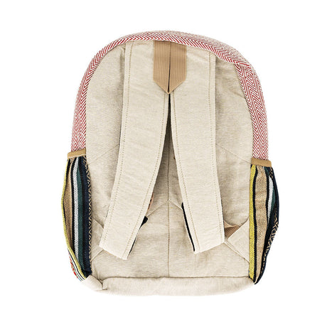 ThreadHeads Hemp Backpack with Southwest Criss-Cross design, tan with mixed colors, front view