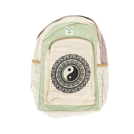 ThreadHeads Himalayan Hemp Backpack with Yin Yang Mandala, 13" x 17", front view on white background
