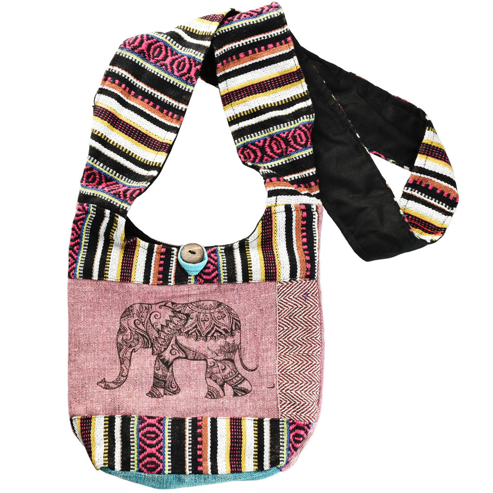 ThreadHeads Mandala Elephant Cotton Sling Bag with multicolor stripes and button closure