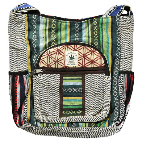 ThreadHeads Multi-Pattern Hemp Shoulder Bag with Zipper, Front View, 11" x 13" Size, Multicolor