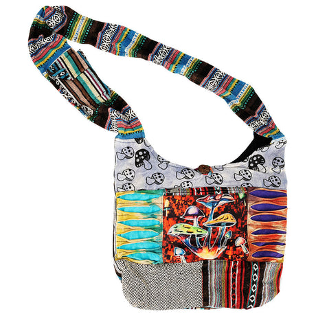 ThreadHeads Mushroom Patchwork Sling Bag with razor-cut design, 15" x 15" multicolored front view