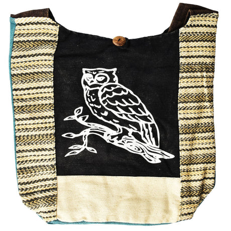 ThreadHeads Night Owl Sling Bag in black, tan & brown cotton, front view with a fun owl design