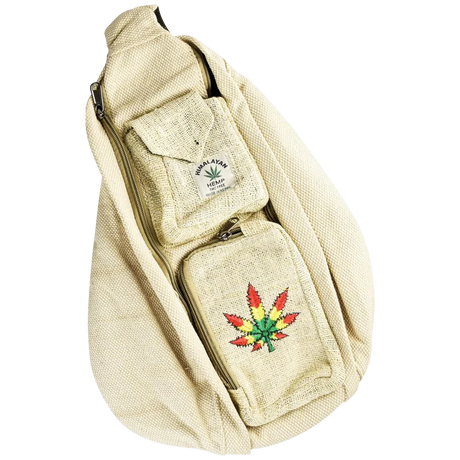 ThreadHeads Rasta Hemp Leaf Tan Sling Pack with multiple compartments, front view