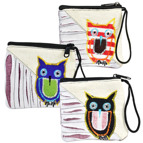 Assorted colors ThreadHeads Razor Cut Owl Coin Pouches, 5.5" x 5", portable design with zip