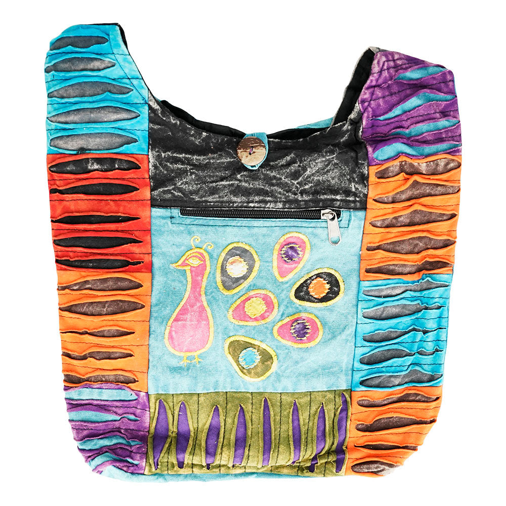 ThreadHeads Patchwork Peacock Shoulder Bag with colorful design and secure zip, front view
