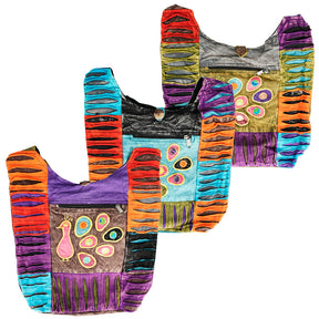 Threadheads Patchwork Peacock Shoulder Bag in assorted colors with razor cut design, 14" x 14" size, front view