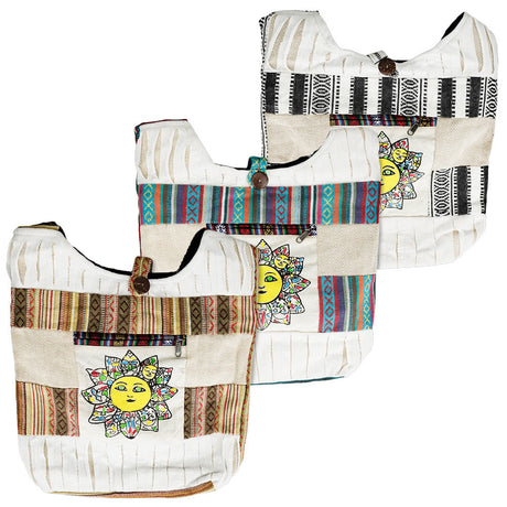 ThreadHeads Razor Cut Patchwork Shoulder Bag with Sun Design, 15" x 15" Size, Front and Angle View