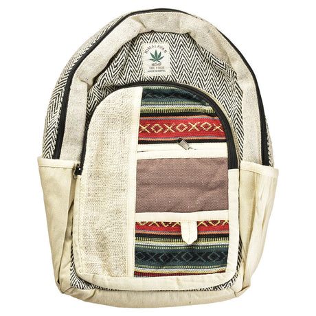 ThreadHeads Southwestern Backpack with multicolor patterns, hemp material, front view on white background