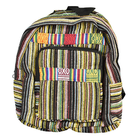 ThreadHeads Striped Backpack with colorful rainbow accents and multiple compartments, front view