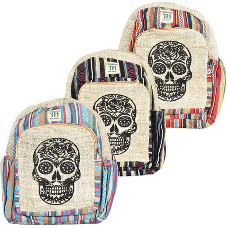 Threadheads Sugar Skull Hemp Backpacks in assorted colors with a front view