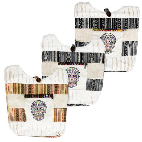 ThreadHeads Sugar Skull Patchwork Shoulder Bags with vibrant floral patterns and ethnic stripes