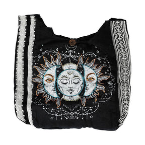 ThreadHeads Sun & Moon Striped Sling Bag, 15" x 15", black and white design, front view on white background