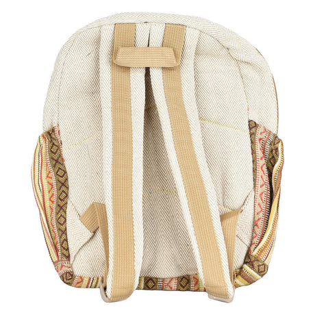 Threadheads Tie-Dye Hemp Backpack with laced front design and adjustable straps, rear view on white