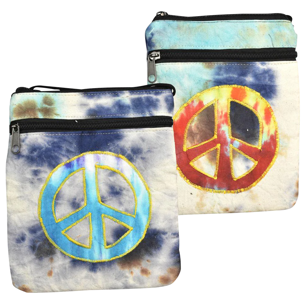 ThreadHeads Tie-Dye Peace String Strap Bags with vibrant colors and peace sign, front view