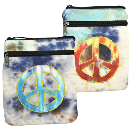 ThreadHeads Tie-Dye Peace String Strap Bags with vibrant colors and peace sign, front view