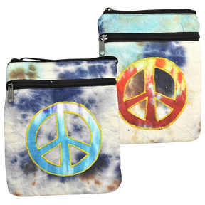 ThreadHeads Tie-Dye Peace String Strap Bags with vibrant colors and peace sign, front view