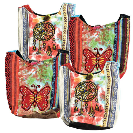 ThreadHeads Tie Dye Sling Bags with butterfly & dreamcatcher designs, 4pc set, front view