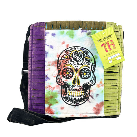 ThreadHeads Tie-Dye Sugar Skull Shoulder Bag front view with vibrant colors and shoulder strap