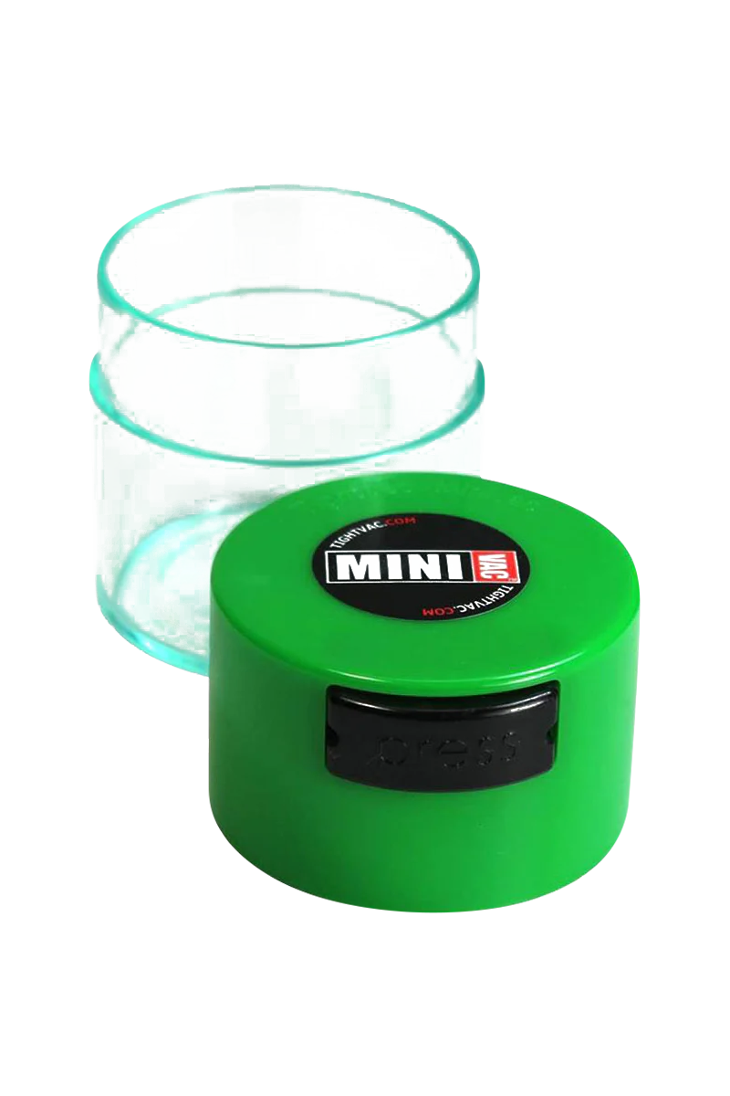 TightVac MiniVac Clear Airtight Storage Container with green lid, portable design, for dry herbs