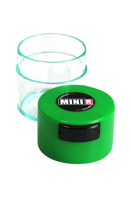 TightVac MiniVac Clear Airtight Storage Container with green lid, portable design, for dry herbs