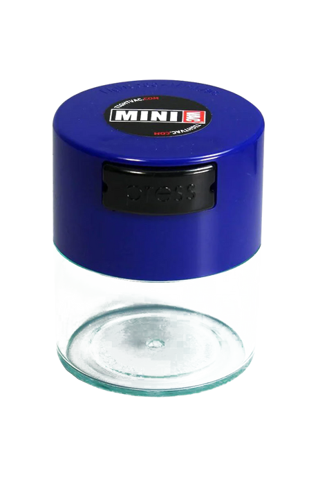 TightVac MiniVac Clear with Blue Cap, Airtight Storage Container for Dry Herbs, Front View