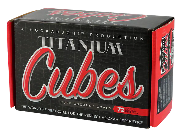 Hookah John Titanium Cubes - 72 Pack of Cube Coconut Coals for Hookahs, Front Box View