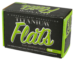 1Kg box of Titanium Flats coconut hookah coals, angled view on white background