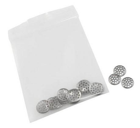 25-pack of 8mm Titanium Grade Pipe Screens displayed beside a clear plastic bag