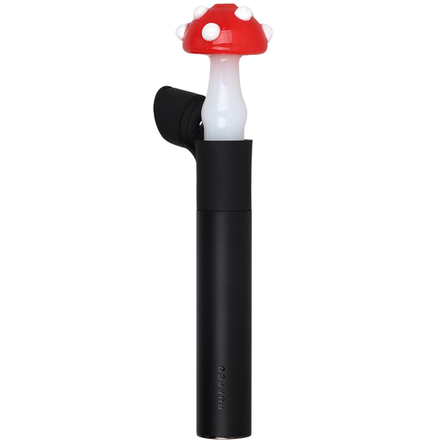 Toadstool Puffco Pivot glass attachment, 2.2 inch red mushroom mouthpiece in borosilicate glass