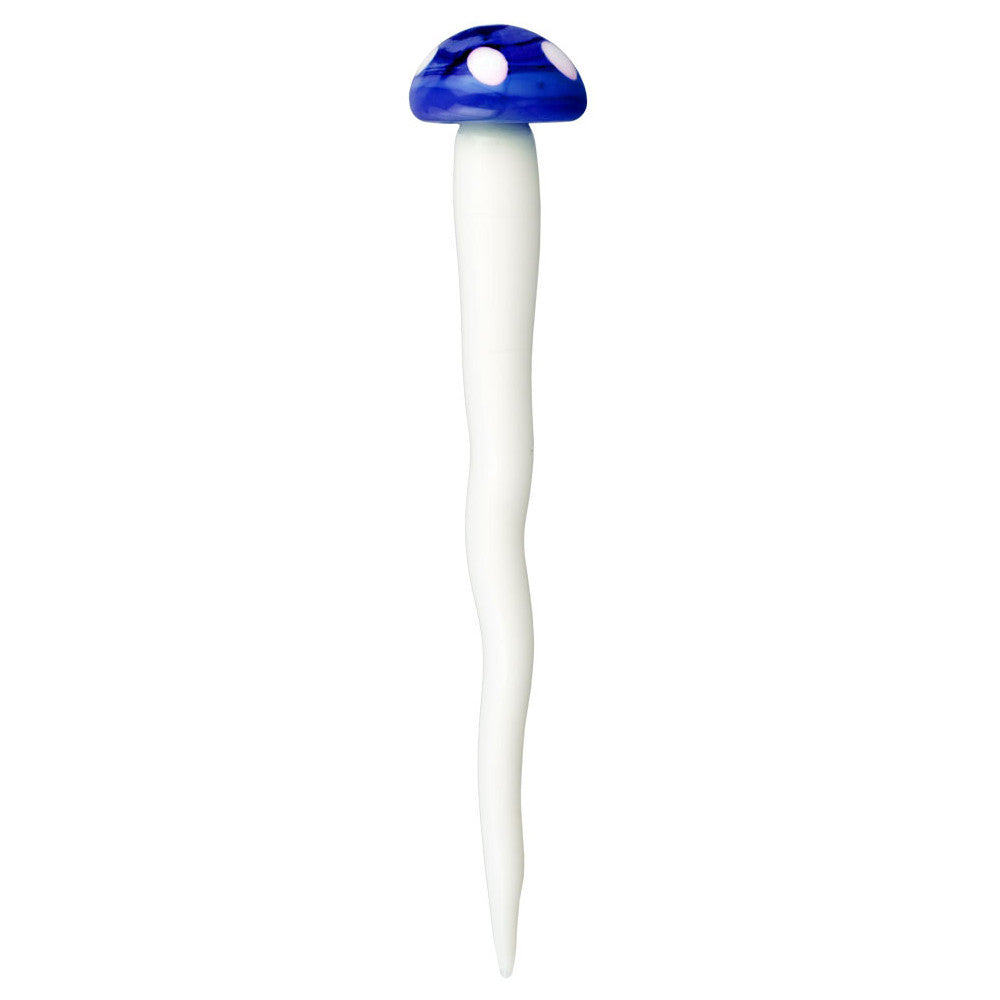 Toadstool Mushroom Twisted Glass Dab Tool by All Twisted Up, Blue Cap on White Stem, Front View