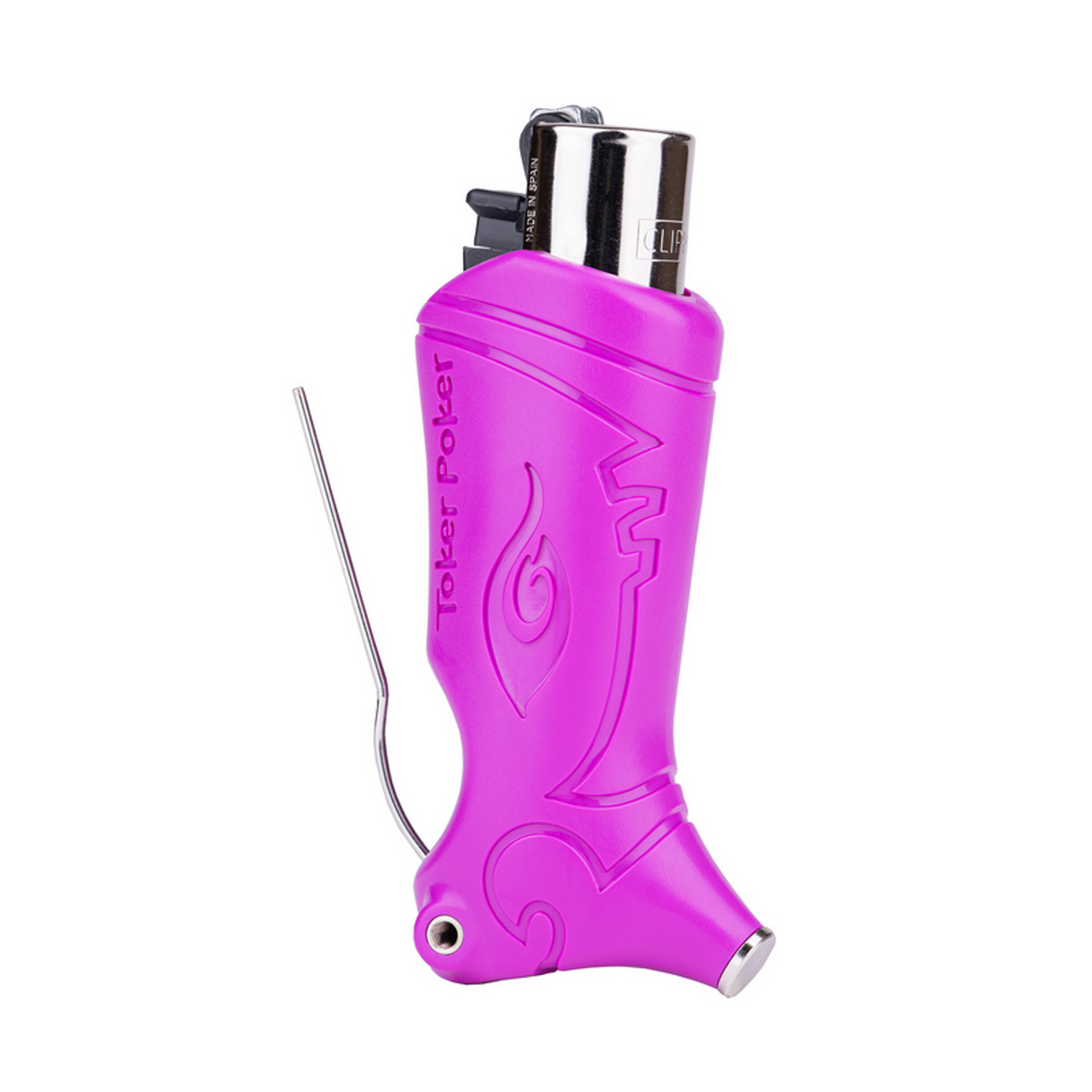 Toker Poker Clipper in vibrant pink with poker and tamper tools, front view on a white background
